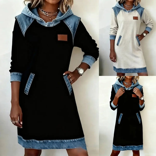 🌷🌞Noutate pentru iarnă: Rochie-hanorac trendy din denim în stil patchwork