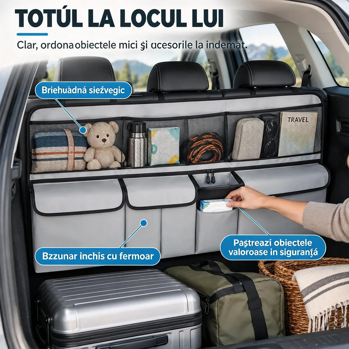 🚗📦Organizator suspendat pentru portbagaj – dimensiuni 105 x 51 cm, eliberează spațiu pe podeaua portbagajului, compatibil cu SUV-uri și mașini de familie, disponibil în culorile negru și gri.