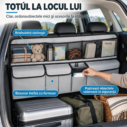 🚗📦Organizator suspendat pentru portbagaj – dimensiuni 105 x 51 cm, eliberează spațiu pe podeaua portbagajului, compatibil cu SUV-uri și mașini de familie, disponibil în culorile negru și gri.