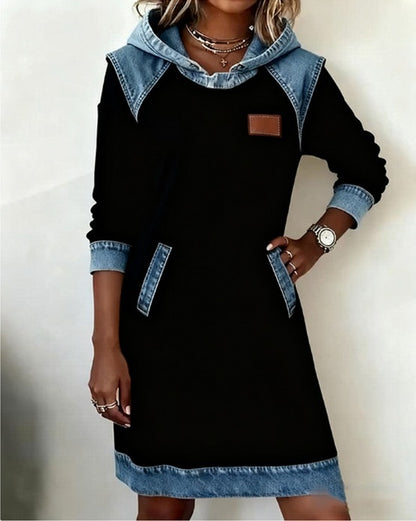 🌷🌞Noutate pentru iarnă: Rochie-hanorac trendy din denim în stil patchwork