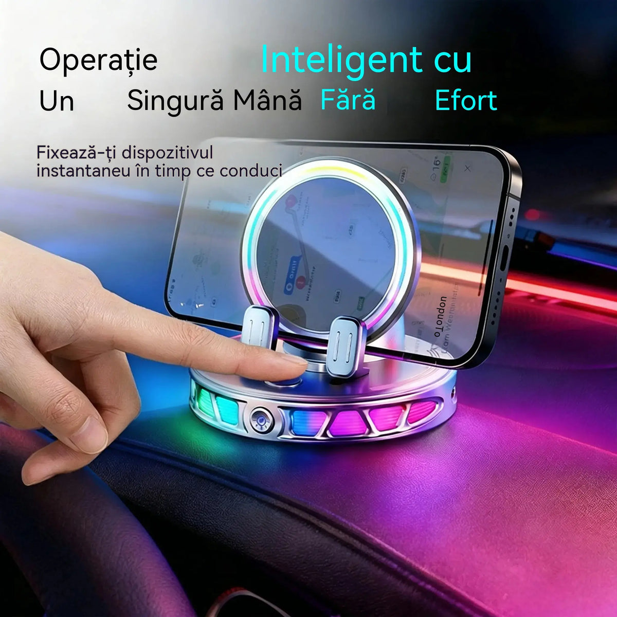 📱 Suport auto RGB cu fixare automată și încărcare wireless de 15 W