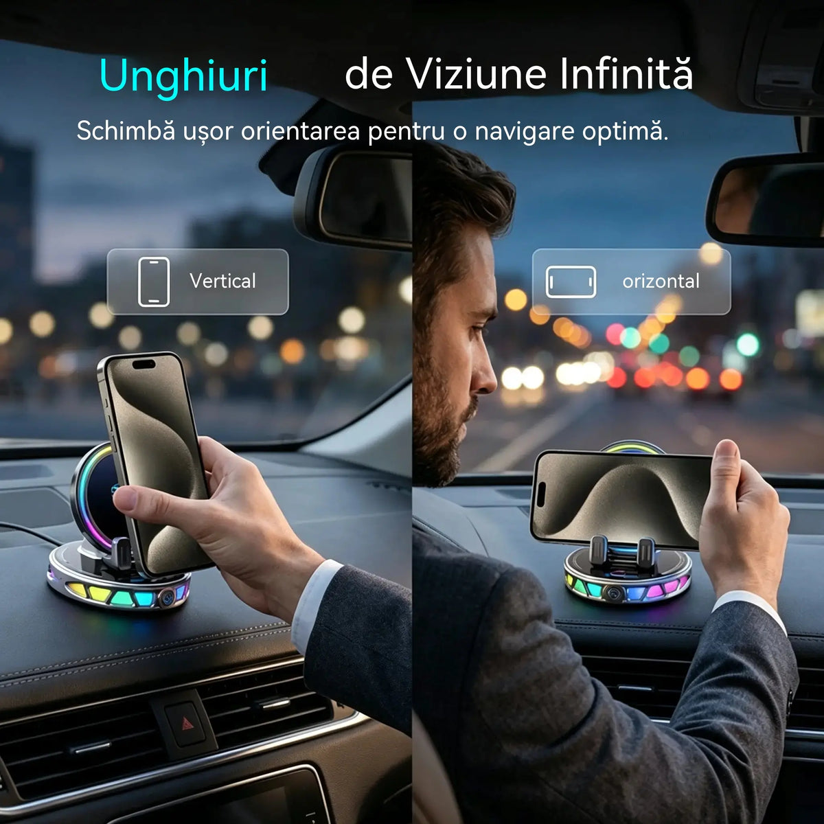 📱 Suport auto RGB cu fixare automată și încărcare wireless de 15 W