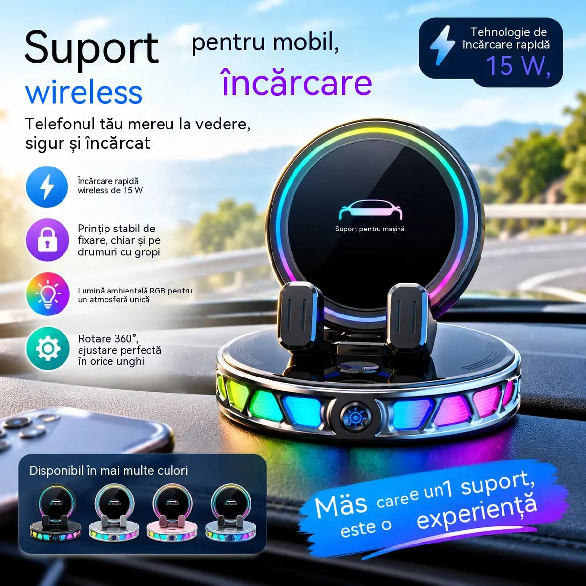 📱 Suport auto RGB cu fixare automată și încărcare wireless de 15 W