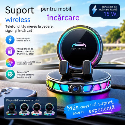 📱 Suport auto RGB cu fixare automată și încărcare wireless de 15 W