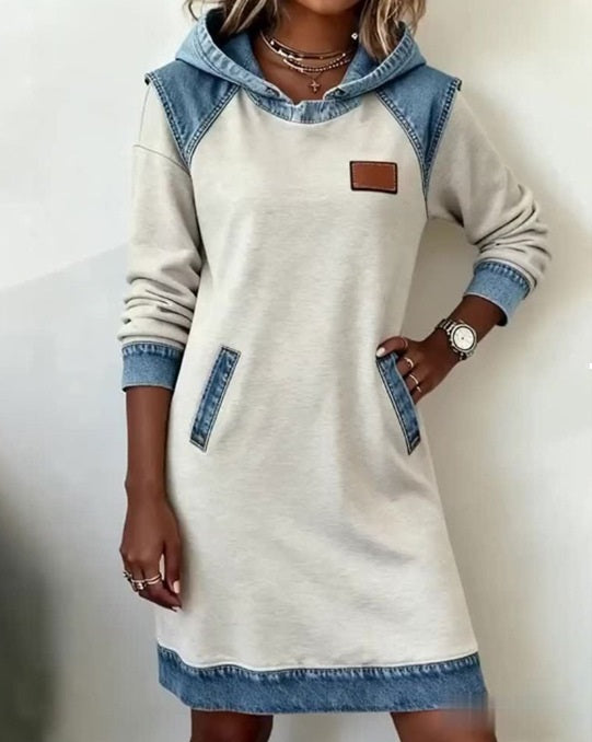 🌷🌞Noutate pentru iarnă: Rochie-hanorac trendy din denim în stil patchwork