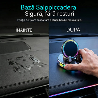 📱 Suport auto RGB cu fixare automată și încărcare wireless de 15 W