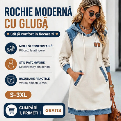 🌷🌞Noutate pentru iarnă: Rochie-hanorac trendy din denim în stil patchwork