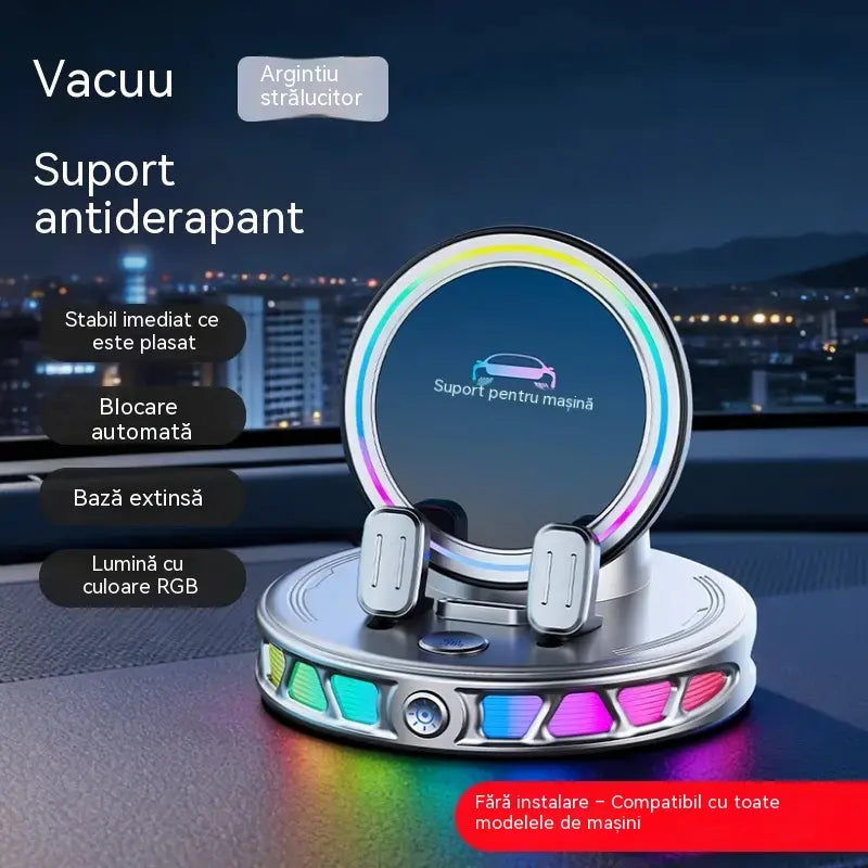 📱 Suport auto RGB cu fixare automată și încărcare wireless de 15 W
