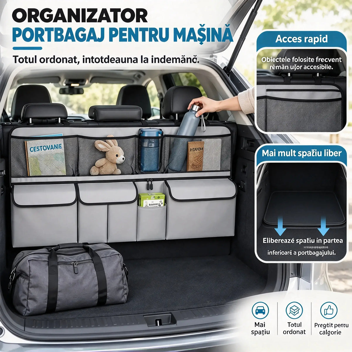 🚗📦Organizator suspendat pentru portbagaj – dimensiuni 105 x 51 cm, eliberează spațiu pe podeaua portbagajului, compatibil cu SUV-uri și mașini de familie, disponibil în culorile negru și gri.