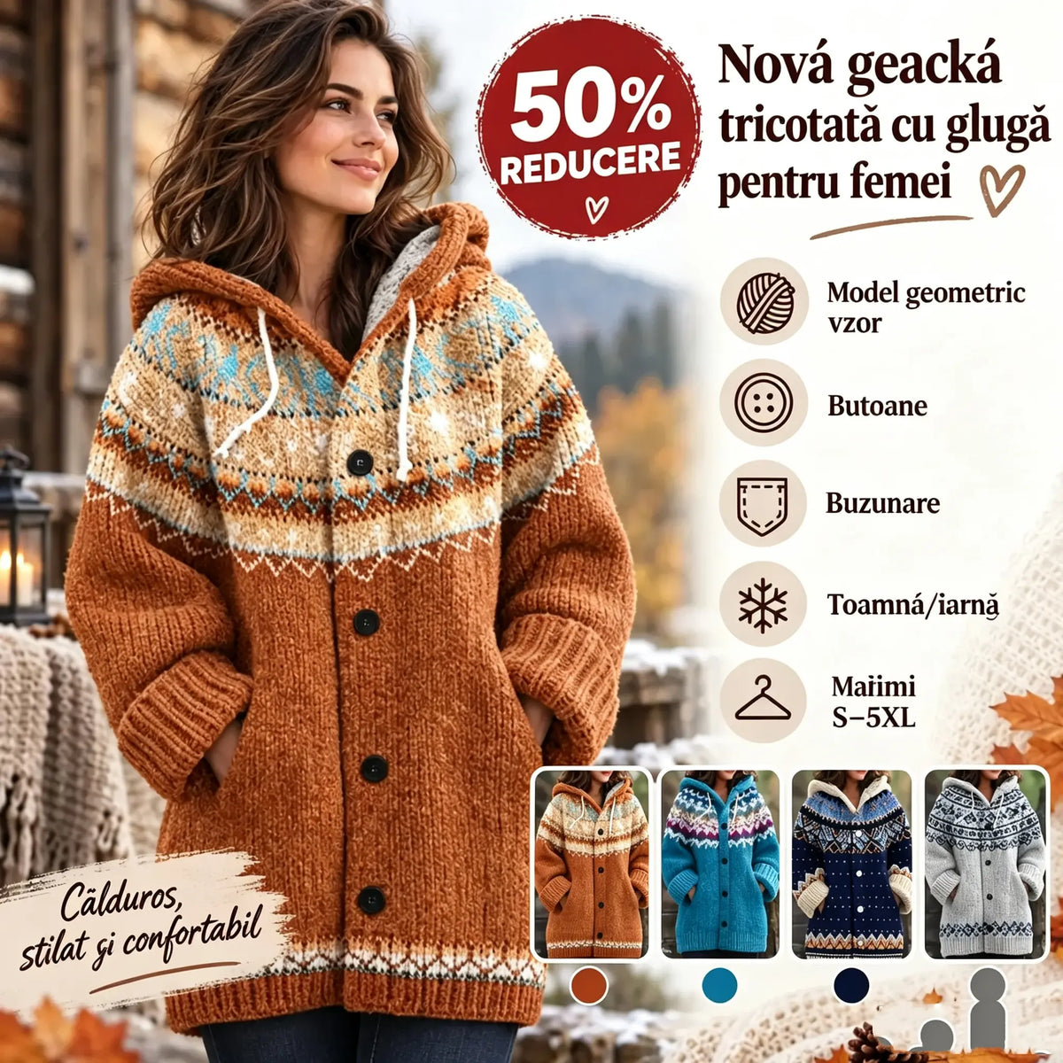 🔥【S~5XL】✨Nouă jachetă tricotată pentru femei, cu glugă, model geometric, închidere cu nasturi, toamnă/iarnă, mărimi S–5XL