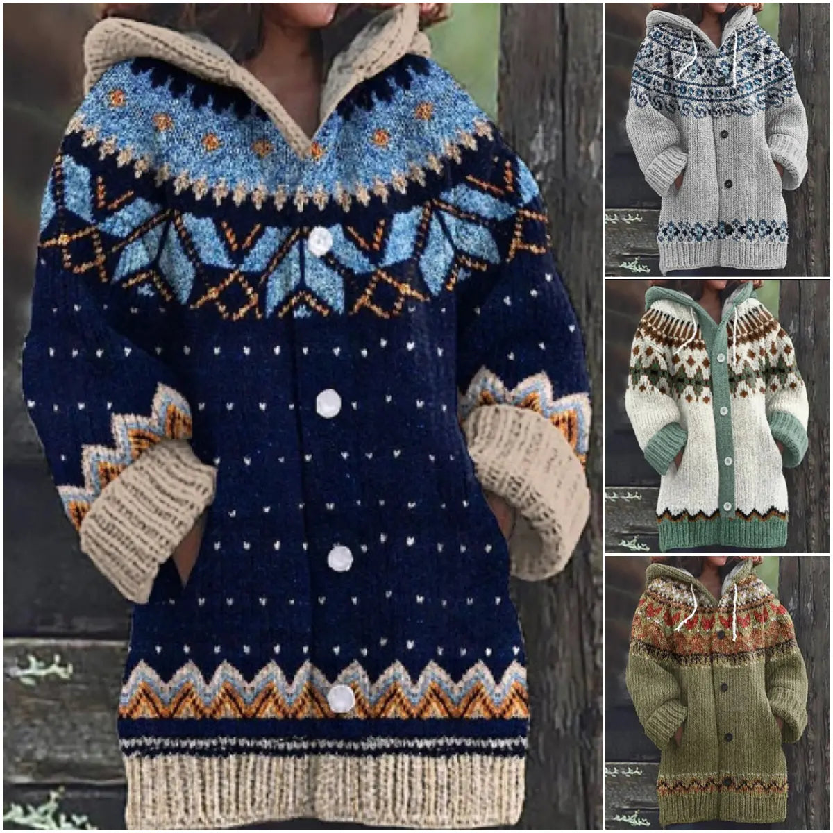 🔥【S~5XL】✨Nouă jachetă tricotată pentru femei, cu glugă, model geometric, închidere cu nasturi, toamnă/iarnă, mărimi S–5XL