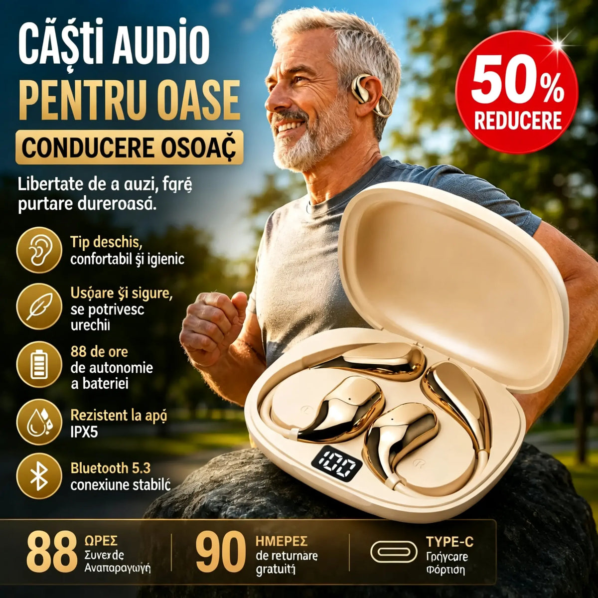 🔋Căști Bluetooth wireless fără ureche încorporată, cu cârlig pentru ureche și conducție osoasă🎙️🎧