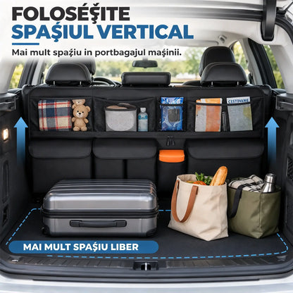 🚗📦Organizator suspendat pentru portbagaj – dimensiuni 105 x 51 cm, eliberează spațiu pe podeaua portbagajului, compatibil cu SUV-uri și mașini de familie, disponibil în culorile negru și gri.